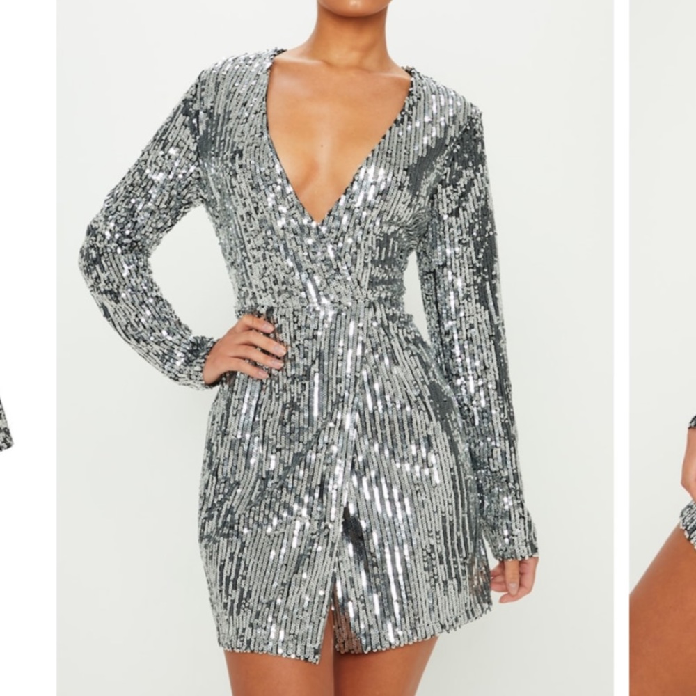 PLT Silver Sequin Plunge Wrap Bodycon Dress